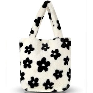 Plush Fur Shoulder Tote Bag in Cream with Black Flowers NWT